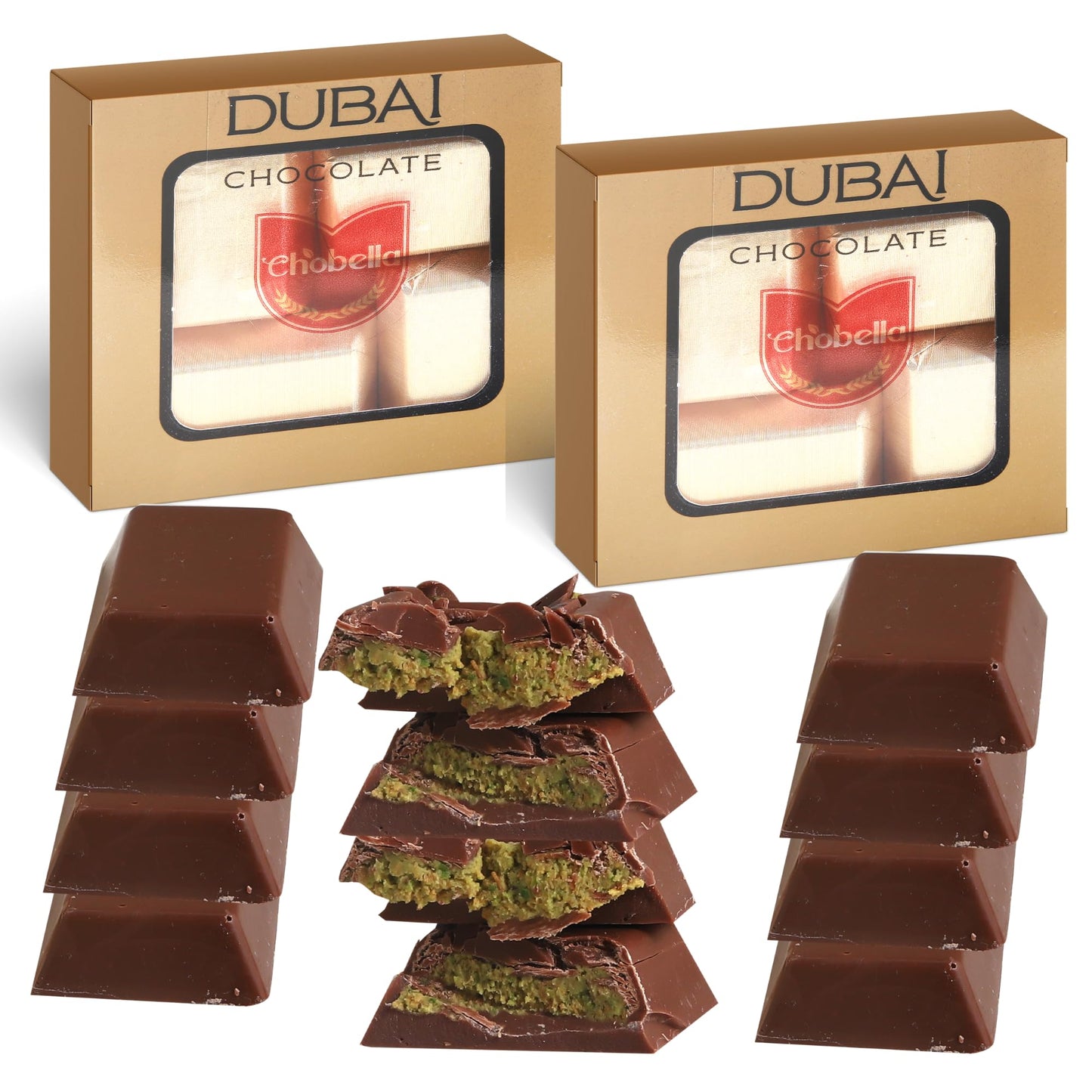 Chobella Dubai Chocolate Bar Pistachio, 4 Pieces Boxed Premium Dubai Chocolate with Shredded Phyllo Dough, Viral Knafeh Chocolat