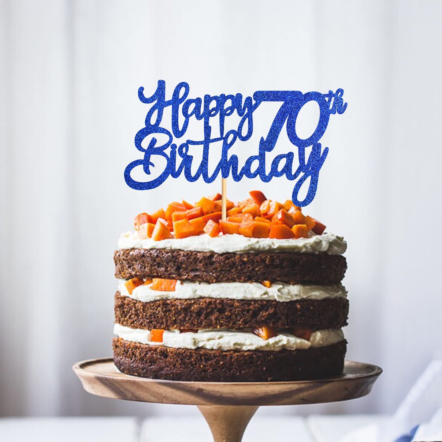 UNIMALL Cake Topper for 70th Birthday, Medium Size, Blue Glitter Paper Decorations