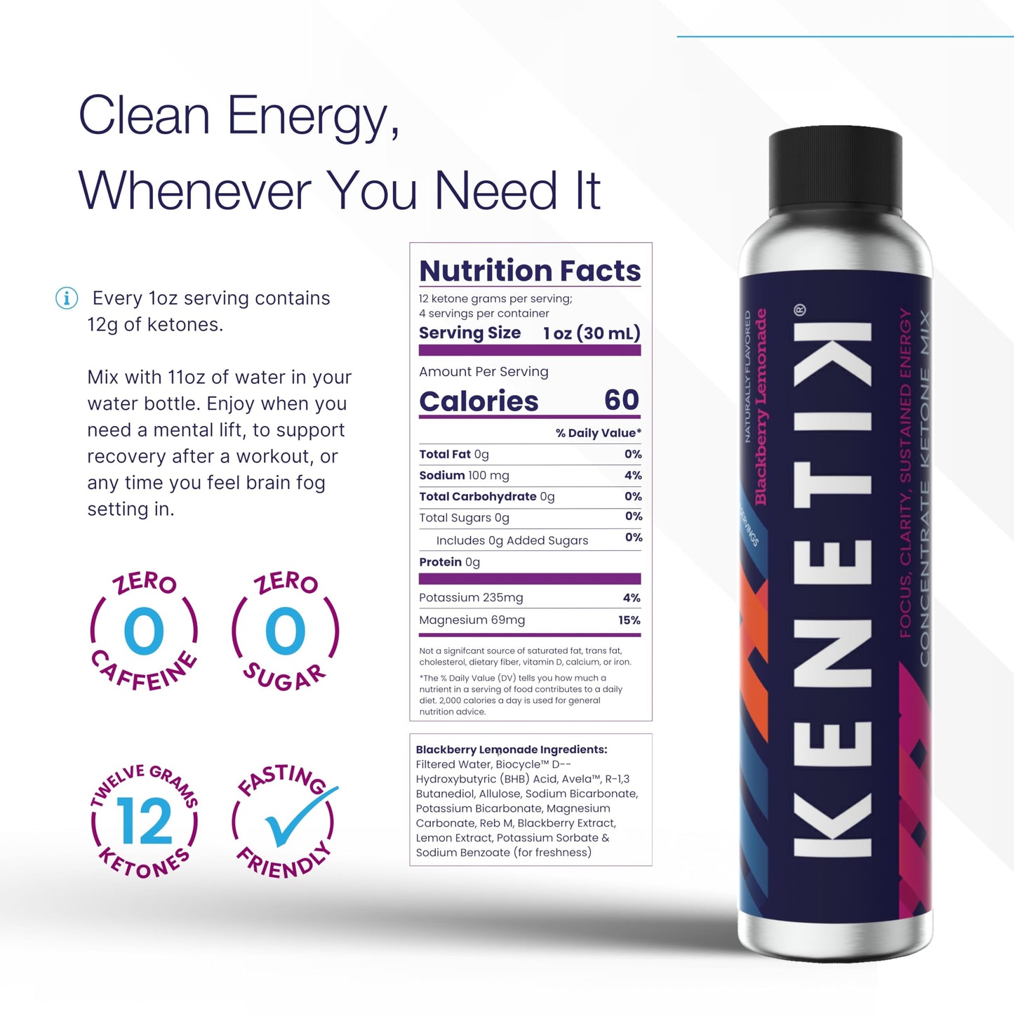 Kenetik Clean Energy Drink Mix, Sugar Free, Caffeine Free, Strawberry Peach, 4 Fl Oz (Pack of 3)
