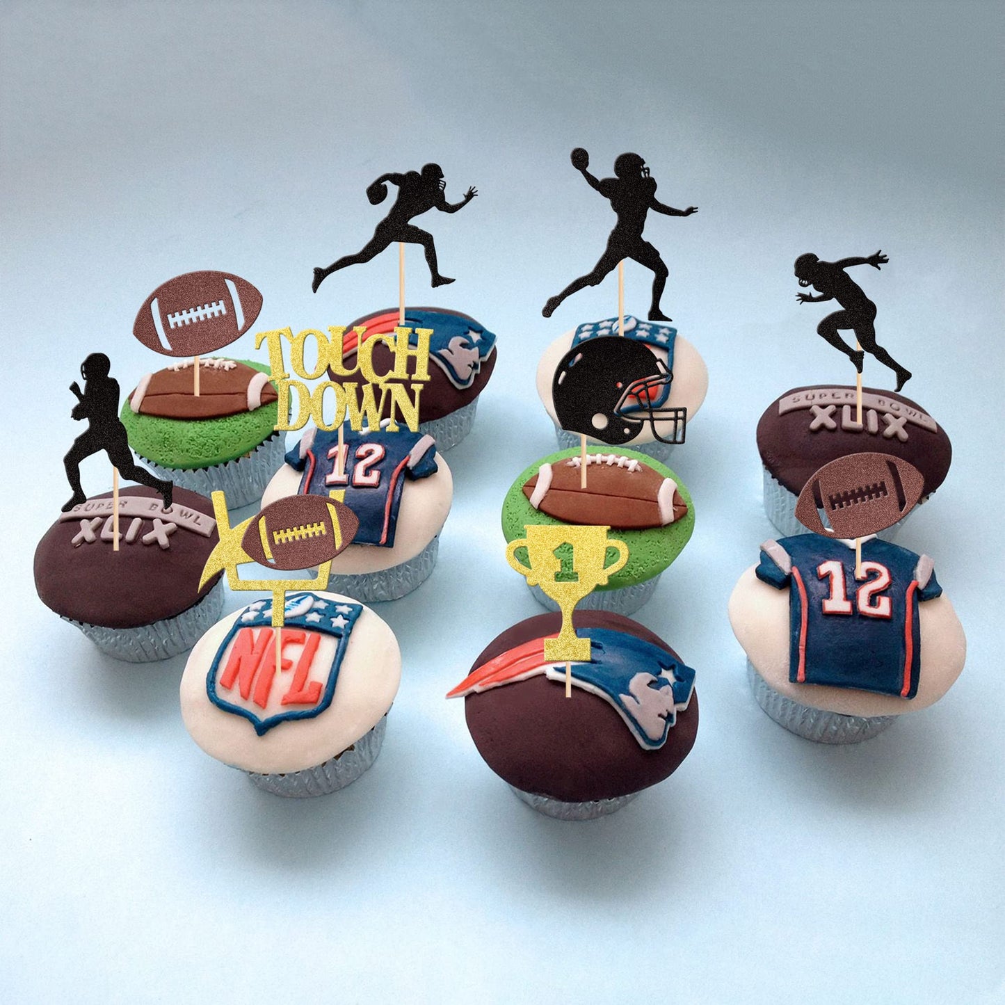 ZHUOWEISM 36 PCS Rugby Ball Cupcake Toppers - Glitter Trophy Picks for Sports Theme Parties, Small, Paper, Design 1