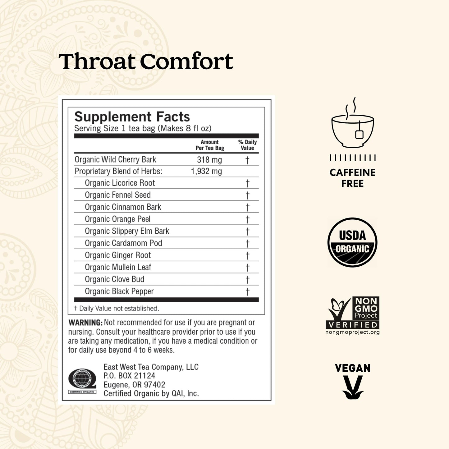 Yogi Tea Throat Comfort Herbal Tea - 96 Organic Tea Bags (6 Pack) - Caffeine Free - Wild Cherry Bark, Licorice Root, Ginger - Yellow