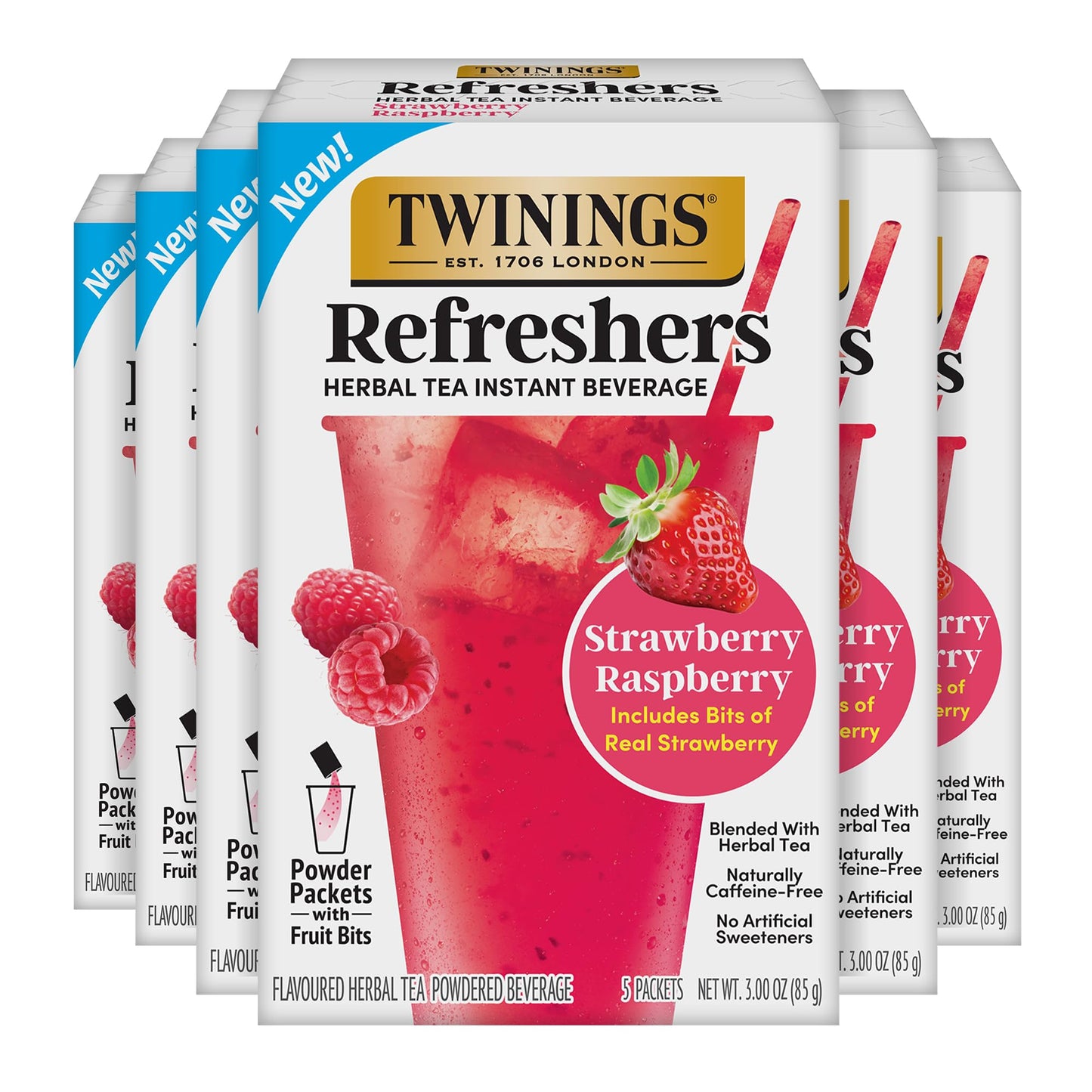 New Twinings Strawberry Raspberry Refreshers  Herbal Tea Instant Beverage With Real Strawberry Fruit Bits  5 Count (Pack Of 6)  Caf? Style  No Artificial Sweeteners  Naturally Energy Blend-Free  30 Packets