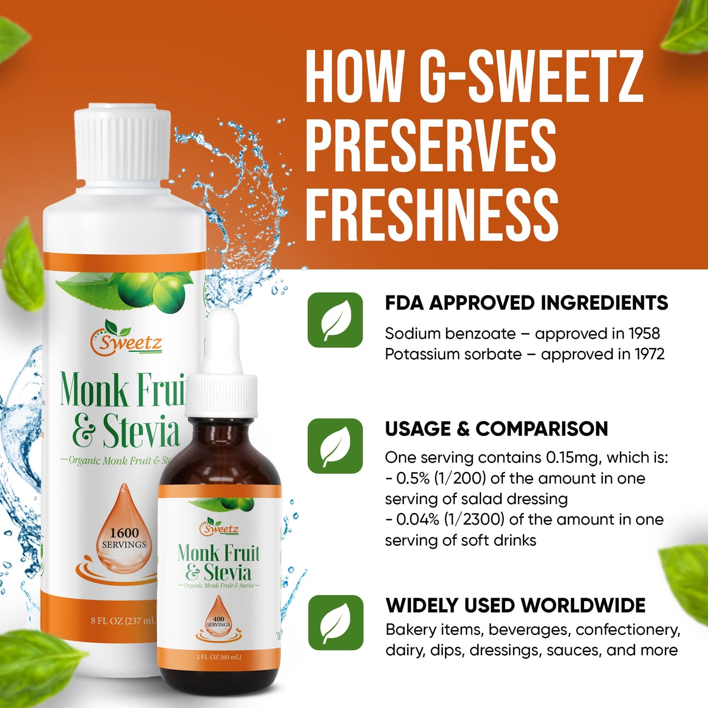 G-Sweetz Monk Fruit & Stevia Liquid Sweetener Drops - Natural Sweeteners & Sugar Alternatives - Delicious Blend With No Bitter A