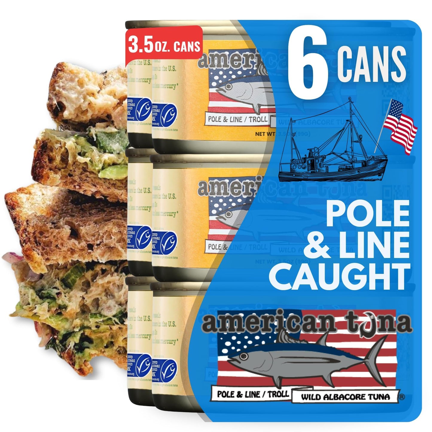 American Tuna Sushi-Grade Wild Albacore Tuna - 6 Cans of 3.5 oz - Sustainably Caught, Dolphin Safe, Ocean Harvested in the USA