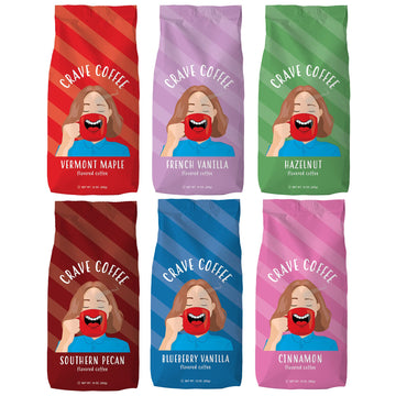 Crave Beverages Ground Coffee Bags Assorted Flavored Variety Pack, 10 Oz, Pack Of 6