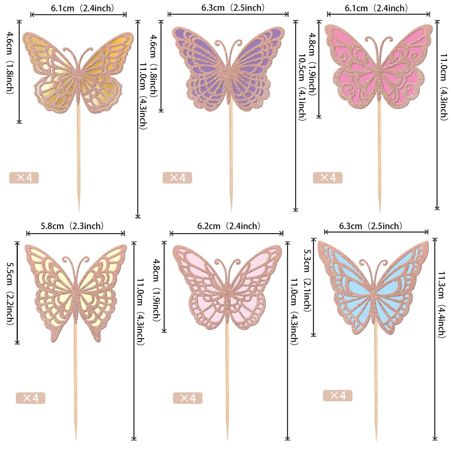 Rssta i Butterfly Cupcake Toppers - 24 Pack Glitter Double Layers - Baby Shower, Wedding, Birthday Party - Rose Gold