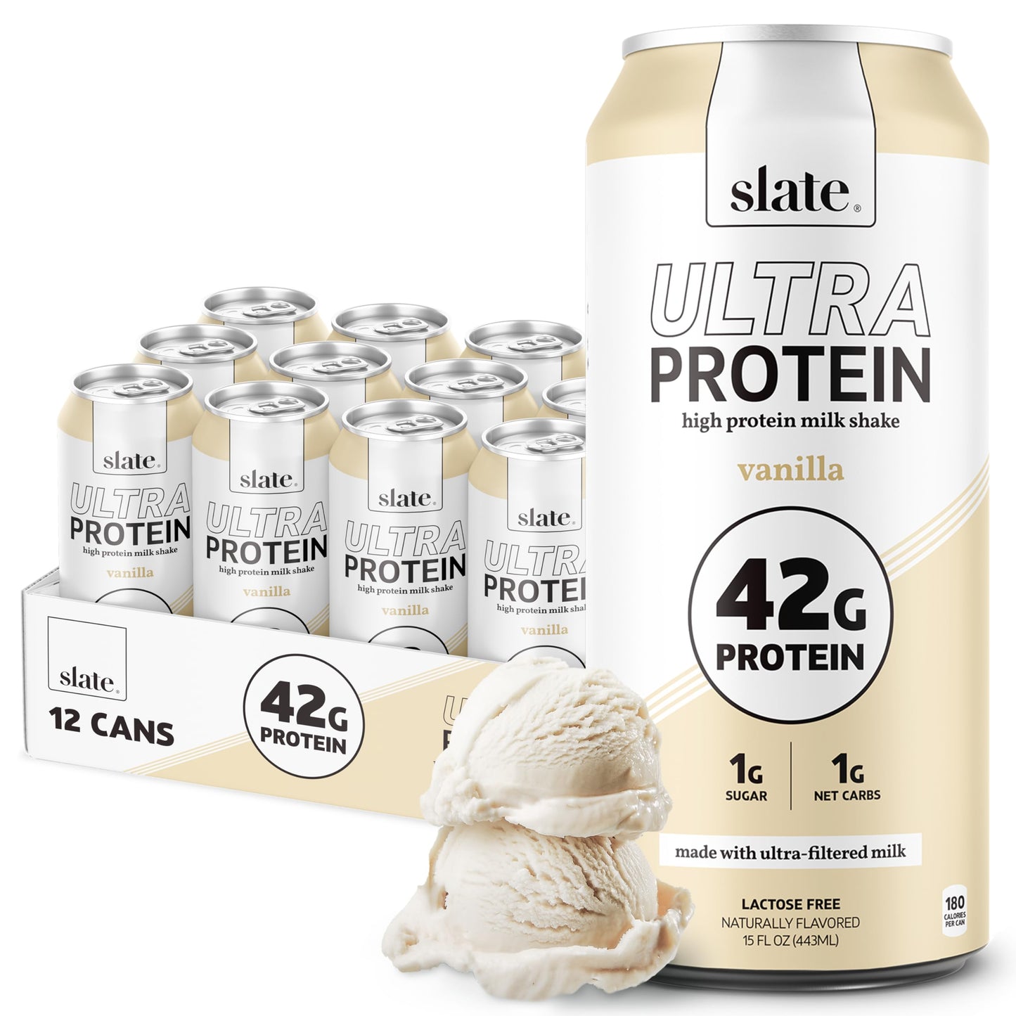 Slate Milk - Ultra High Protein Shake - Vanilla - 42g Protein  2g Sugar  190 Calories  2g Net Carbs - Lactose Free - No Added Sugar  No Seed Oils - Breakfast Boost  Post Workout - 15 fl oz  12 Cans