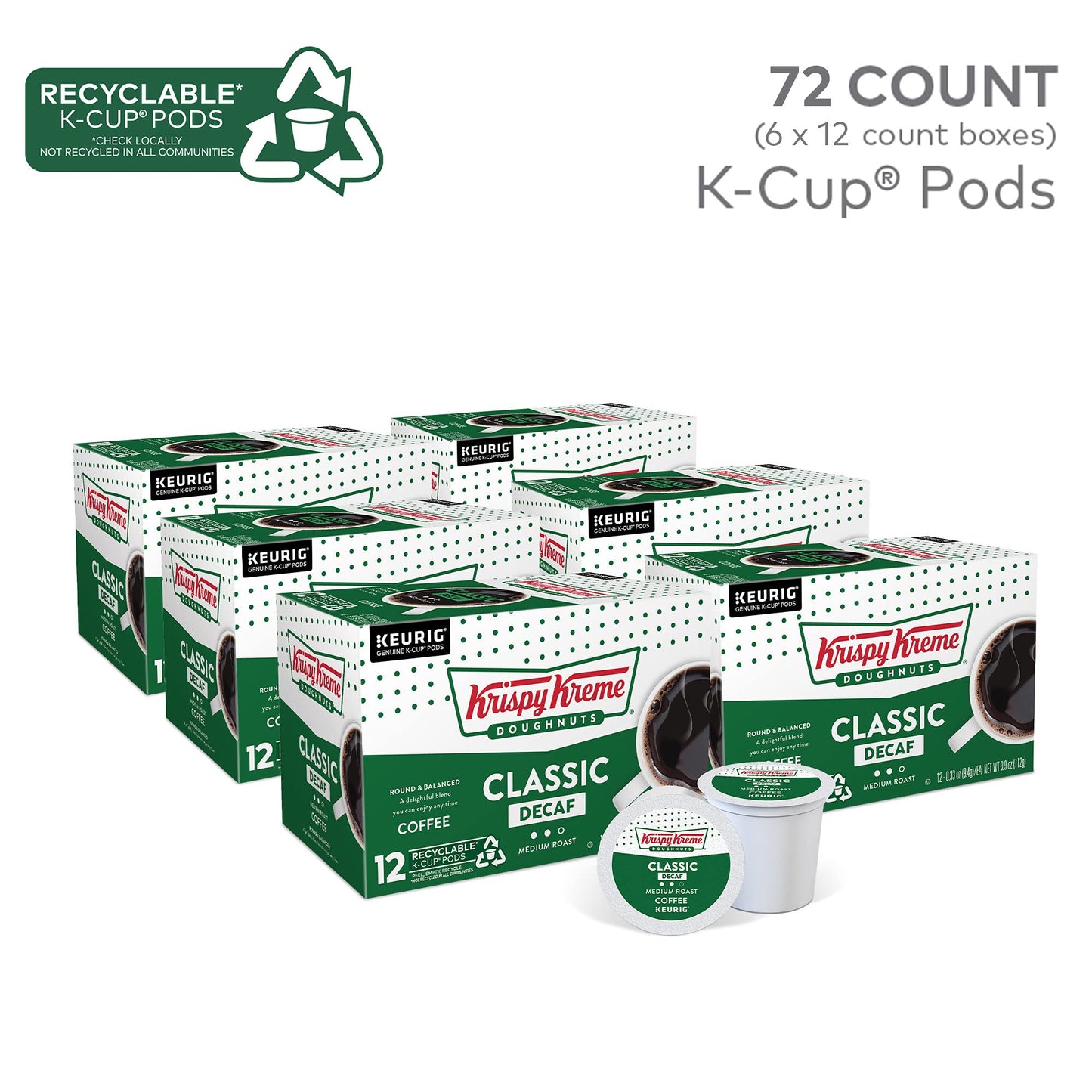 Krispy Kreme Classic Decaf, Single-Serve Keurig K-Cup Pods, Medium Roast Coffee Pods, 72 Count
