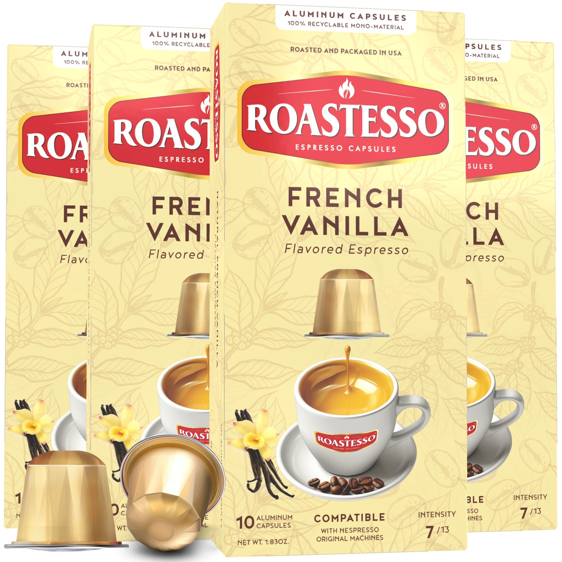 Roastesso Aluminum Espresso Capsules, French Vanilla Coffee, Compatible with Nespresso, Medium Roast, 40 Count