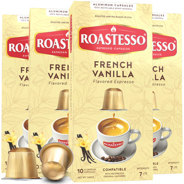 Roastesso Aluminum Espresso Capsules, French Vanilla Coffee, Compatible with Nespresso, Medium Roast, 40 Count