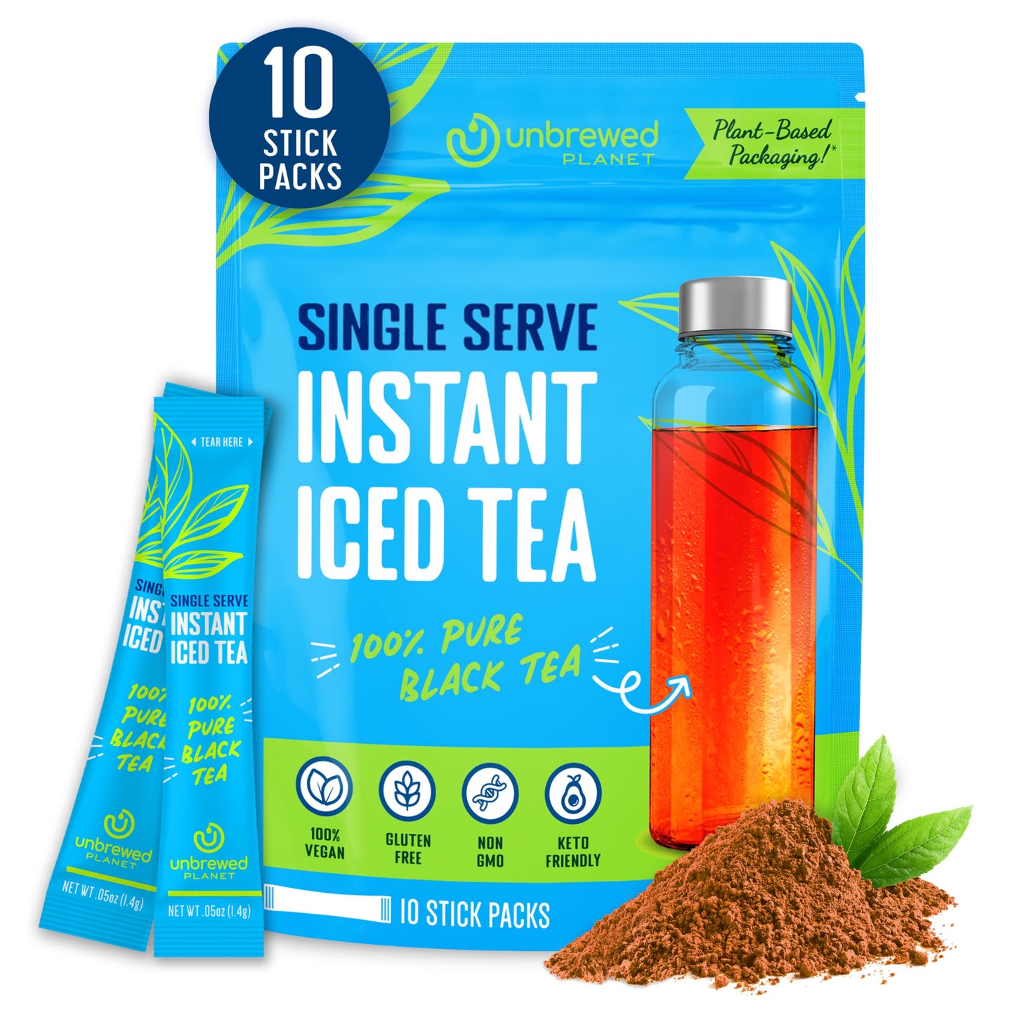 Unbrewed Planet Instant Iced Tea - 100% Pure Black Tea - 10 Single Serve Stick Packs - Unsweetened - Vegan - Gluten Free - On-th