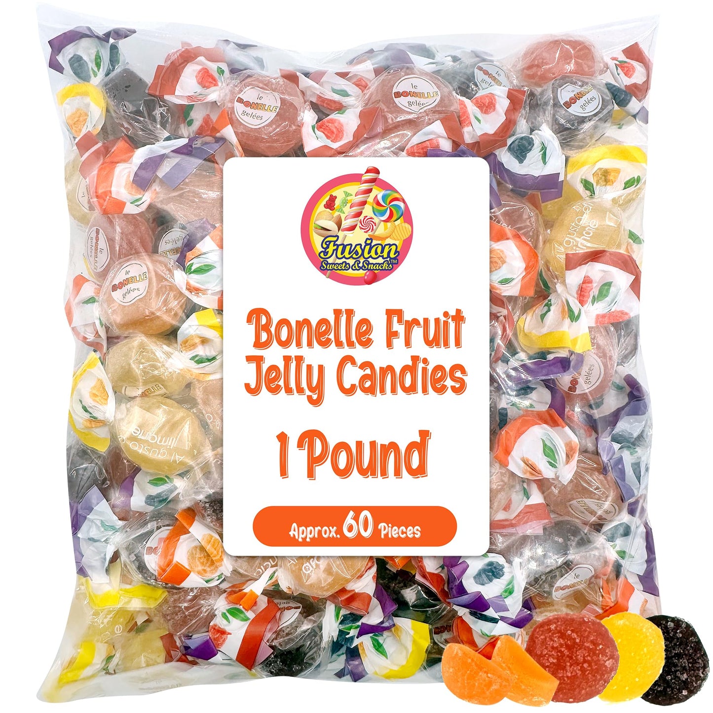 Fusion Sweets Bonelle Italian Fruit Jelly Candy - Gluten Free & Vegan - 1 Pound Bulk Bag - Assorted Colors (Approx 60 Pieces)