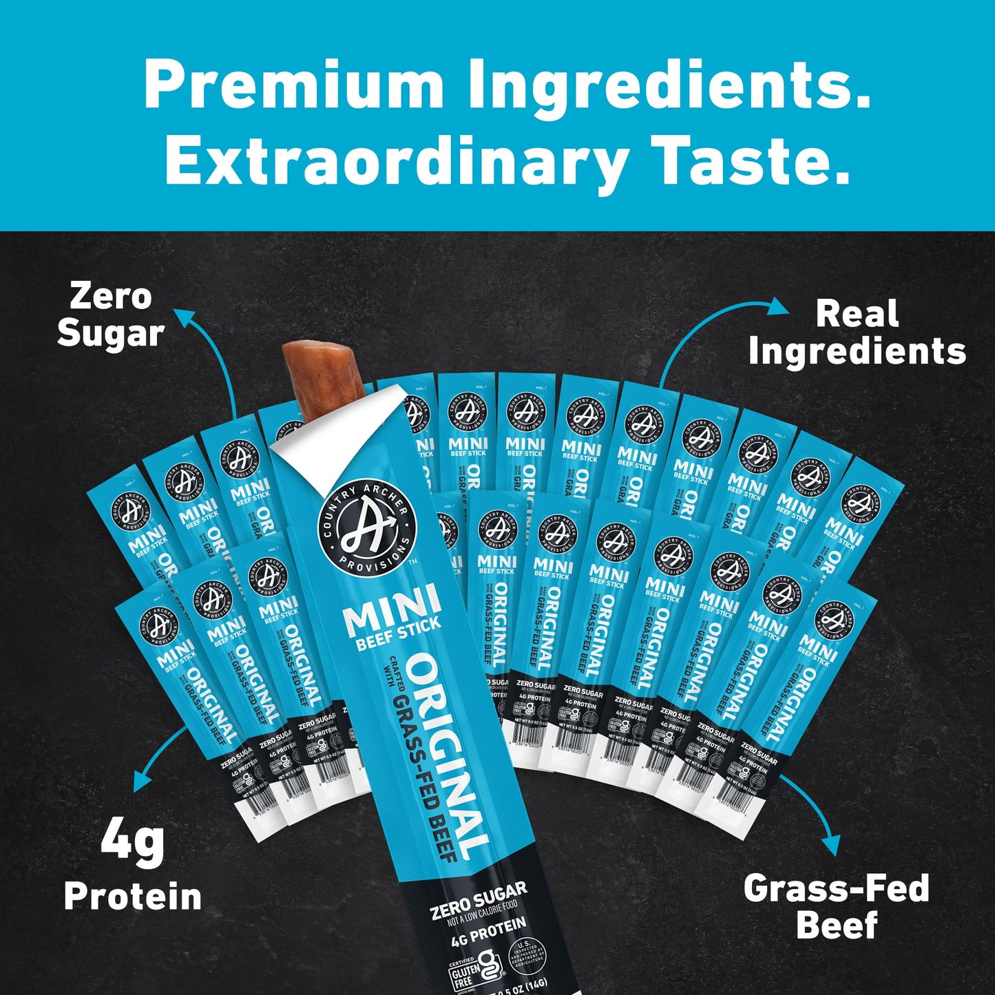 Country Archer Mini Beef Jerky Sticks, Grass Fed Beef, Gluten Free, Paleo, Keto, 0.5 oz, Pack of 28, Original Beef