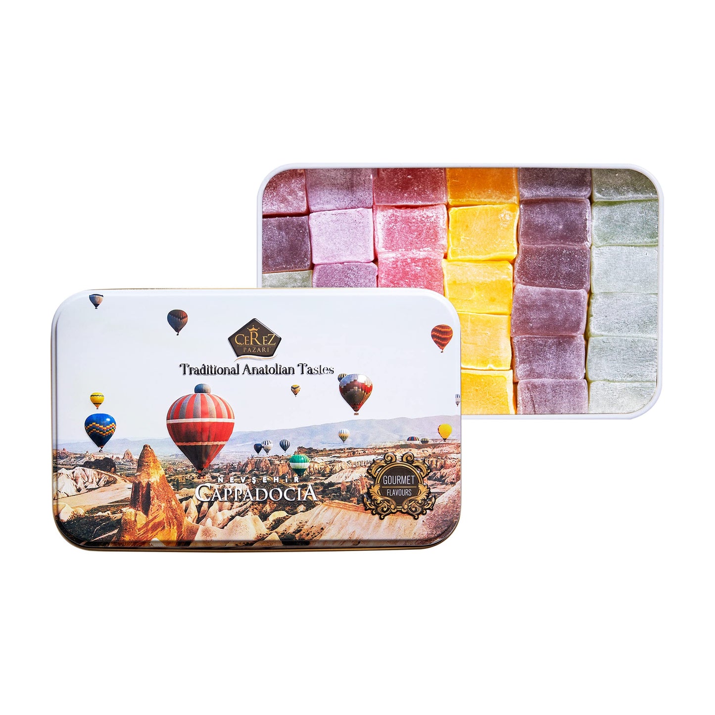 Cerez Pazari Turkish Delight Candy Gift Basket 13.2 oz  Luxury Lokum Dessert Gourmet Christmas Holiday Corporate Food Gifts in Elegant Tin Box  Thanksgiving  Halloween  Birthday with 5 Unique Flavors (No Nuts) Approx. 25 Pcs