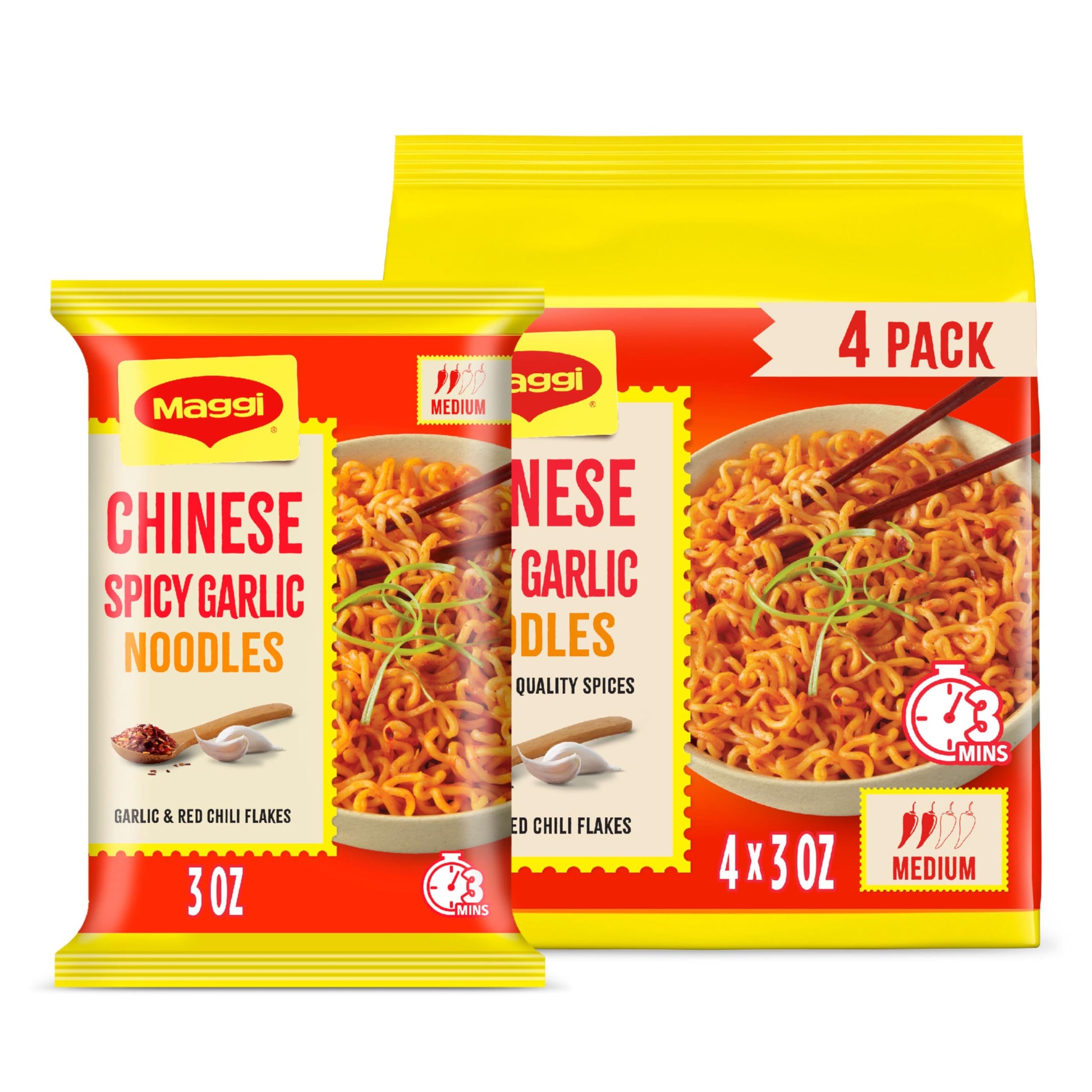 Maggi Chinese Spicy Garlic Noodles  Instant Ramen Noodles  3 Min  Vegetarian  Halal  Kosher  4-Pack