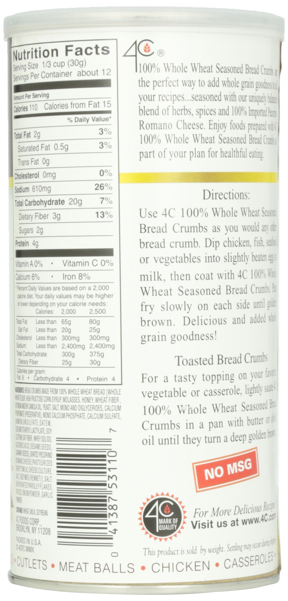 4C Premium Bread Crumbs, Whole Wheat Seasoned with Pecorino Romano Cheese 1 Pack, Flavorful Crispy Crunchy, Value Pack