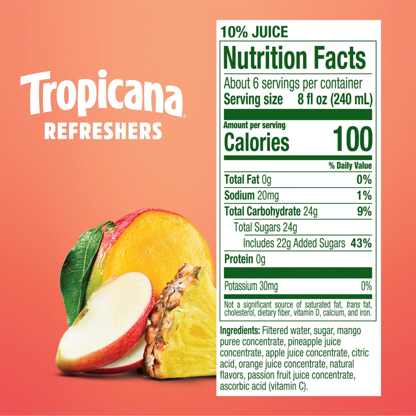 Tropicana Refreshers Pineapple Mango Juice Drink  with Real Fruit Juice  46 fl oz Bottle