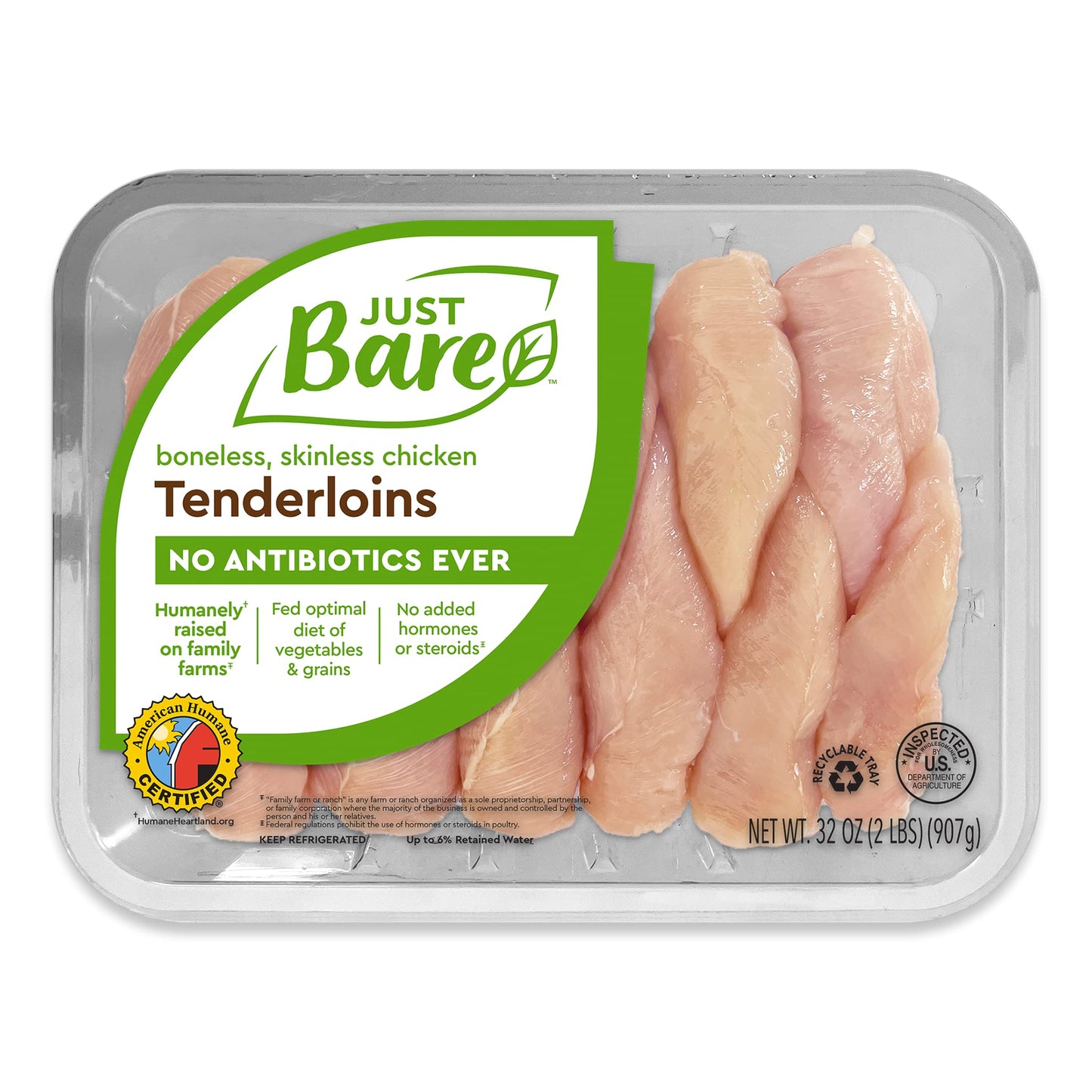 Just Bare Natural Fresh Chicken Tenders | Family Pack | No Antibiotics Ever | Boneless | Skinless | 2.0 LB