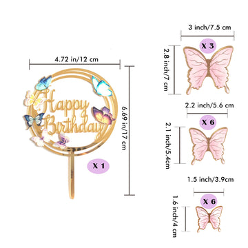 Butterfly Cake Toppers Decorations - 1 Big Happy Birthday Cake Topper & 15Pcs 3D Pink Gold Cupcake Toppers - Party Supplies For