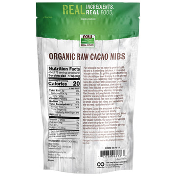 Now Foods, Organic Raw Cacao Nibs, Rich, Pure Cacao Bean Bits, Dark Chocolate Flavor, Certified Non-Gmo 8-Ounce (Packaging May V