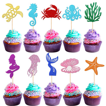 30 Pcs Mermaid Cupcake Toppers Glitter Starfish Coral Mermaid Tail Cupcake Picks Octopus Seahorse Jellyfish Cake Decorations For