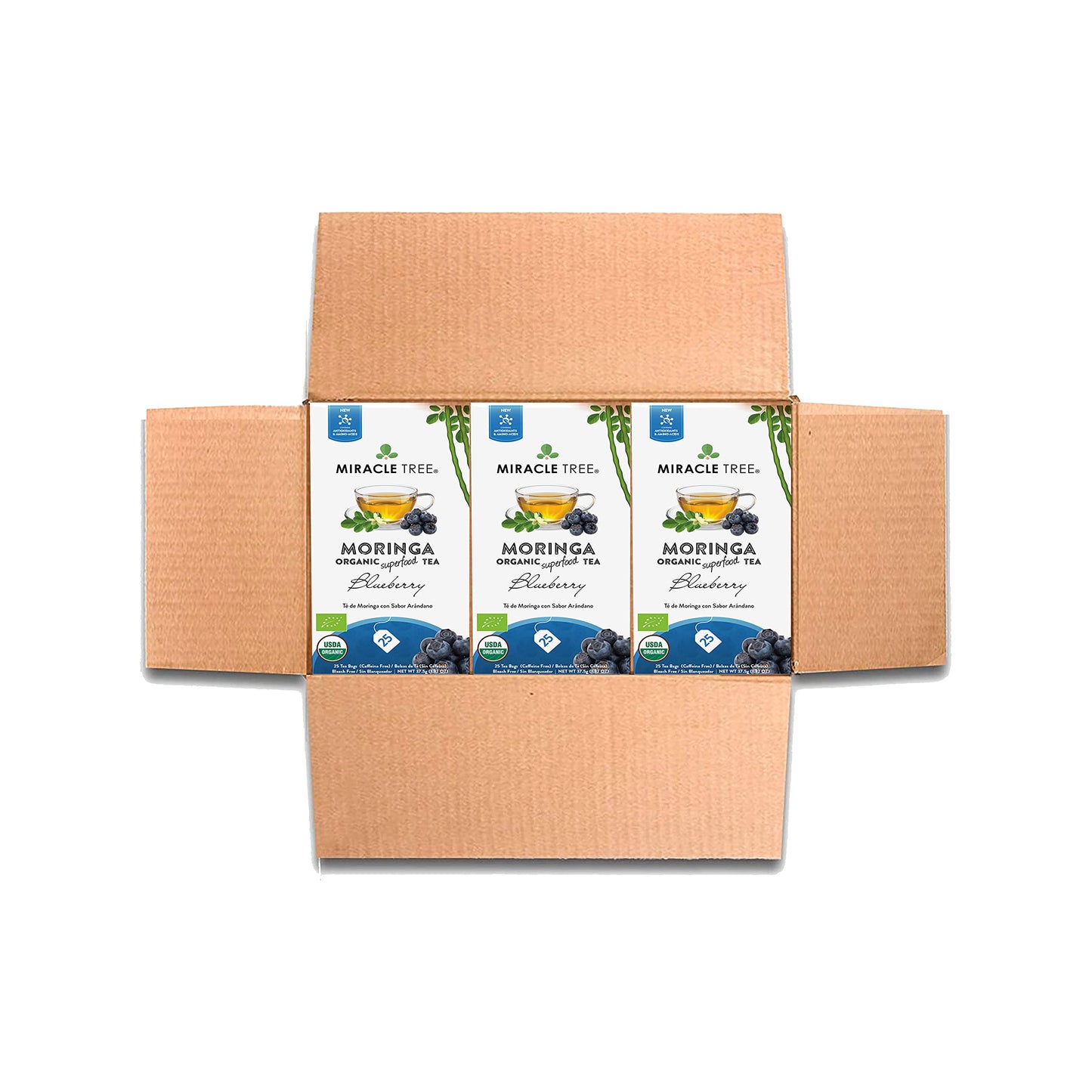 Miracle Tree Organic Moringa Superfood Tea - 25 Individually Sealed Tea Bags, 3 Pack, Blueberry, Vegan, Gluten-Free, Caffeine-Free
