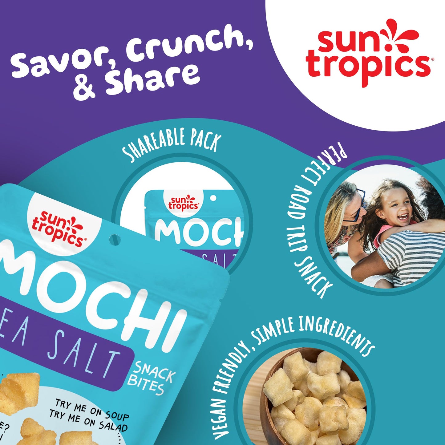 Sun Tropics Mochi Snack Bites, Sea Salt Flavor- 3.5 Oz (6 Pack) | Crispy Crunchy Mochi Bites, Rice Nuggets | Mochi Puff Rice Cra
