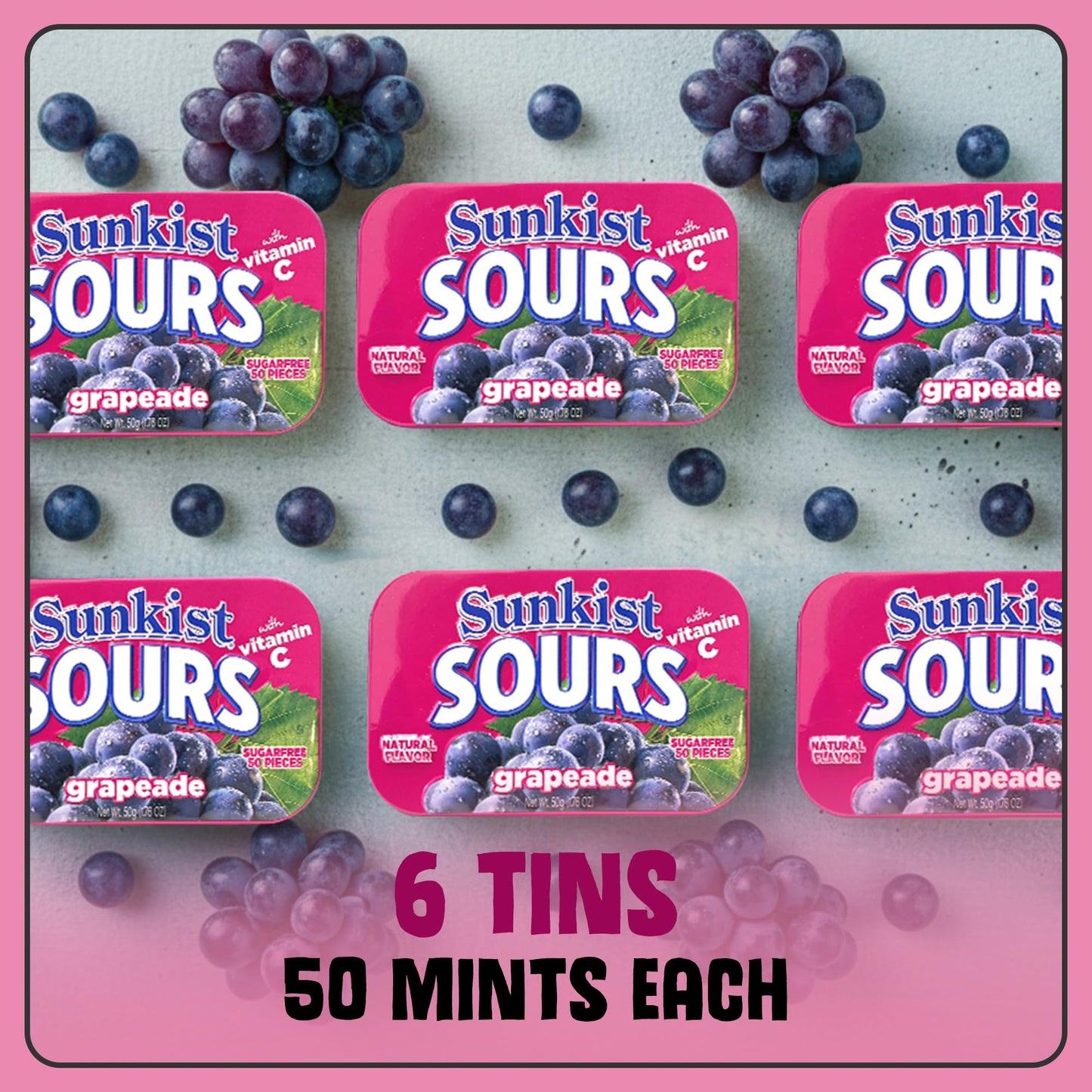 Sunkist Sours Grapeade, Vitamin C, Sugar Free Sour Candy, 1.76 Ounce Tin - 6 Count Tray