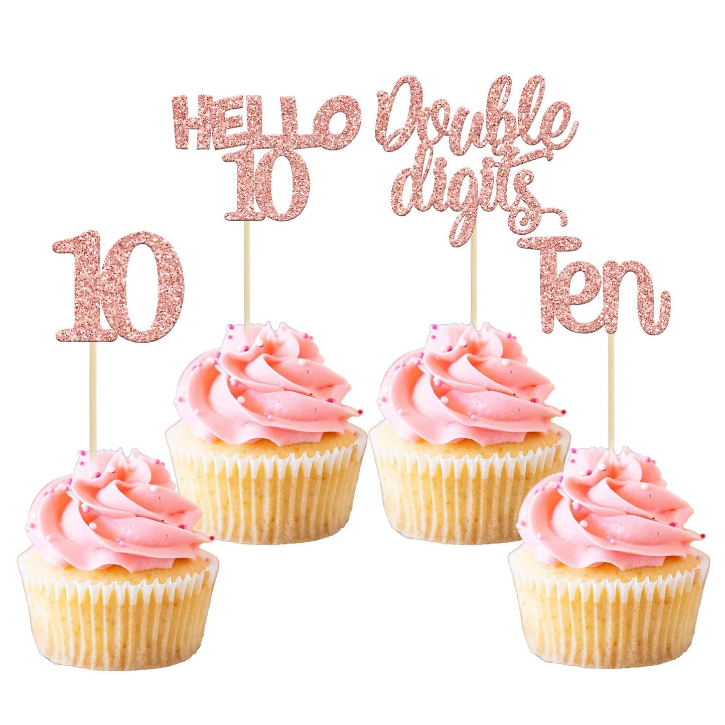 Gyufise 24 Pack Glitter 10Th Birthday Cupcake Toppers Double Digits Cupcake Toppers Hello 10 Ten Cupcake Picks For 10Th Birthday