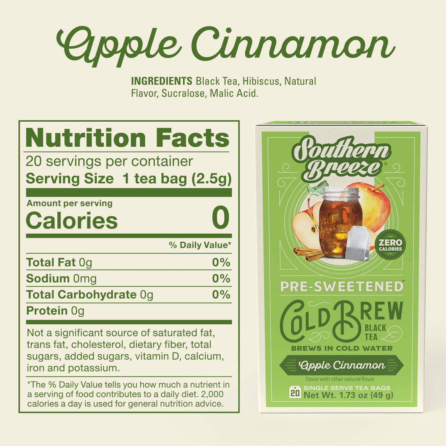 Southern Breeze Cold Brew Sweet Tea Apple Cinnamon Iced Tea With Black Tea And Zero Carbs Zero Sugar, 20 Individually Wrapped Te