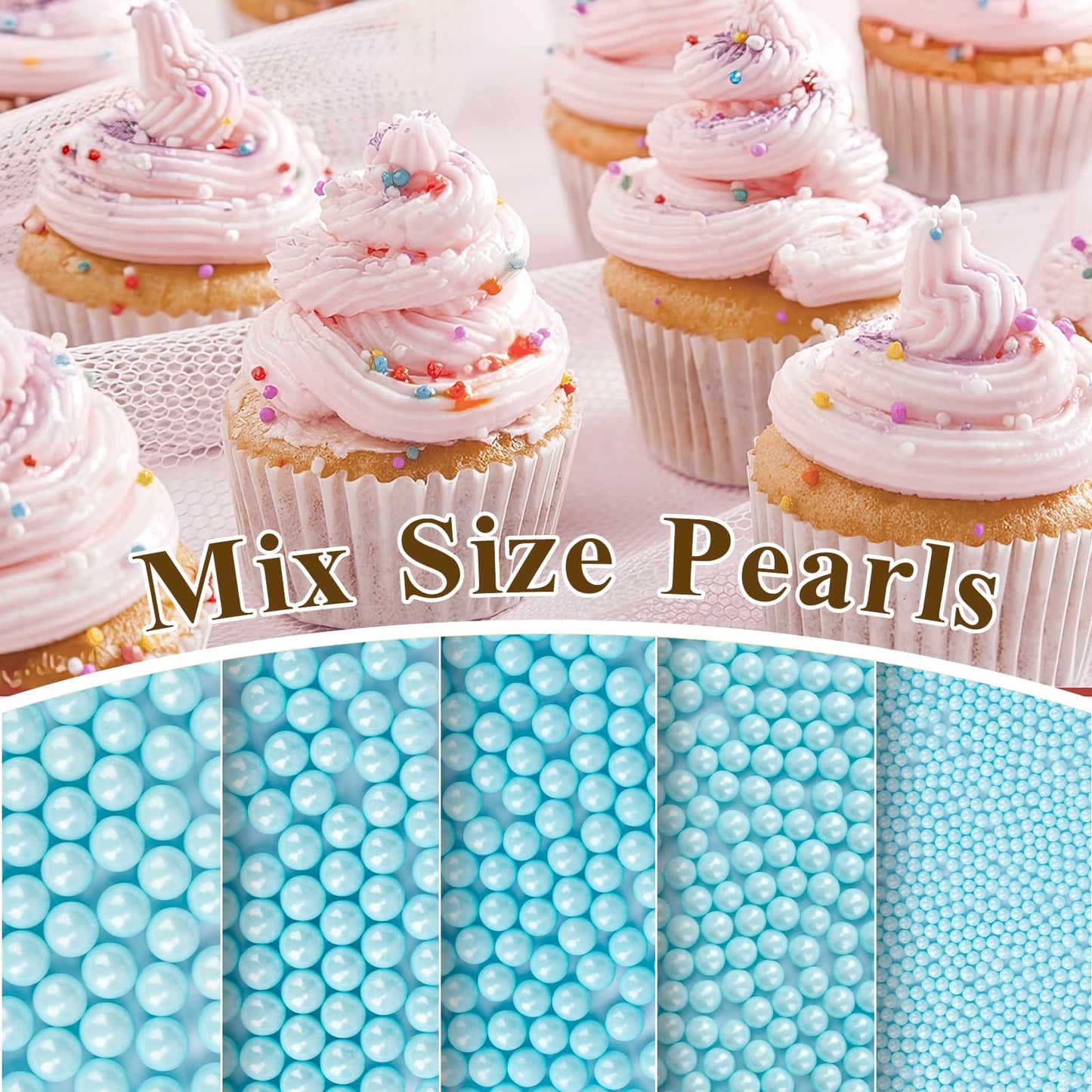 Twisweet Blue Pearl Sprinkles for Cake Decorating, Edible Sugar Pearls for Baking, Mix Size, Cake Topper Cupcake Cookie Ice Crea