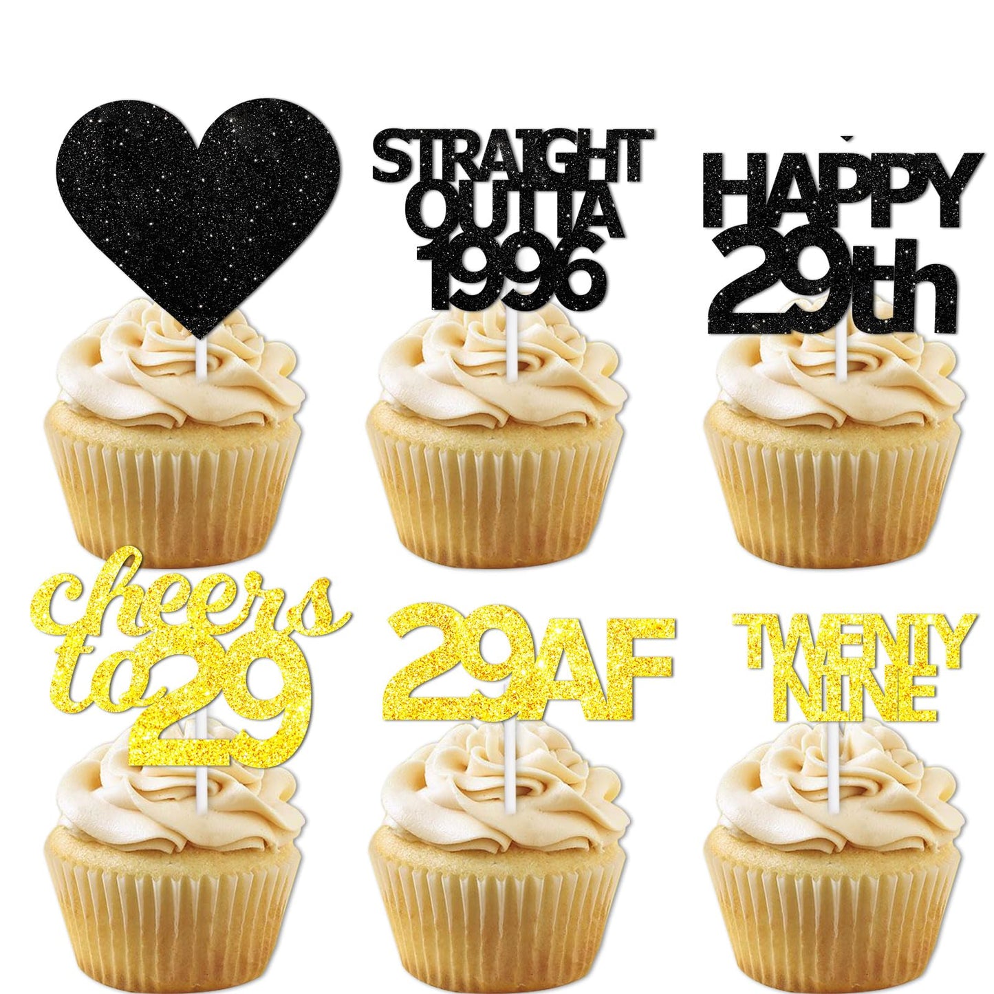 18pcs Black Gold Glitter Dessert Cupcake Pick for Straight Outta 1996 Cheer to 29 Years Old Theme Decor Supplies Happy 29th Birt