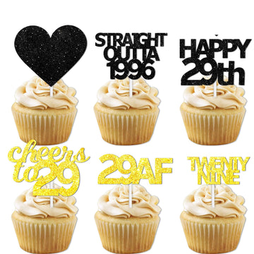 18pcs Black Gold Glitter Dessert Cupcake Pick for Straight Outta 1996 Cheer to 29 Years Old Theme Decor Supplies Happy 29th Birt