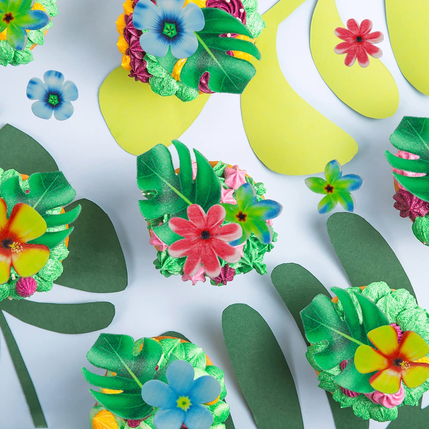 83Pcs Edible Tropical Turtle Leaves Flower Cupcake Toppers Wafer Paper Palm Leaf Flower Cake Topper Edible Cake Decoration For H