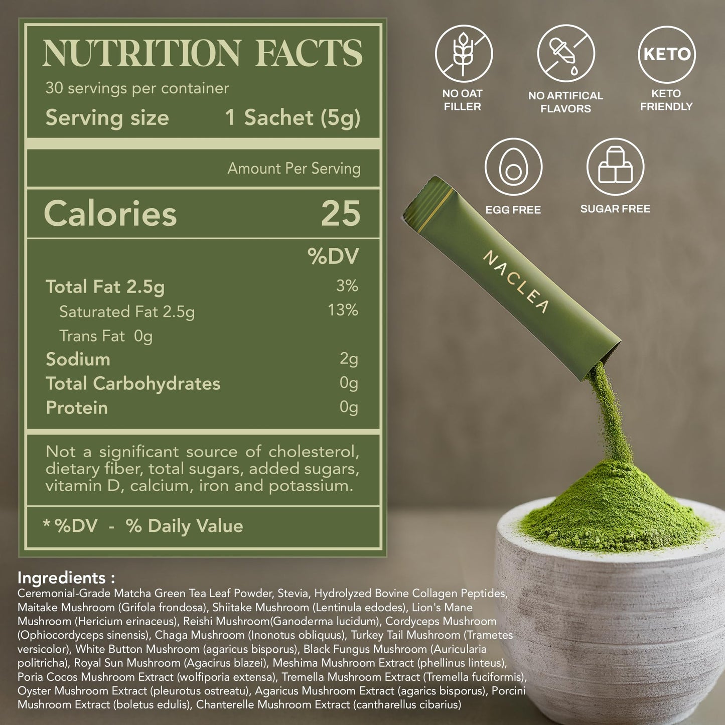 NACLEA Mushroom Matcha Powder - Sugar-Free Japanese Ceremonial Green Tea with 18 Superfood Mushrooms and Hydrolyzed Collagen - Coffee Alternative Caffeine Free - 30 Sachets