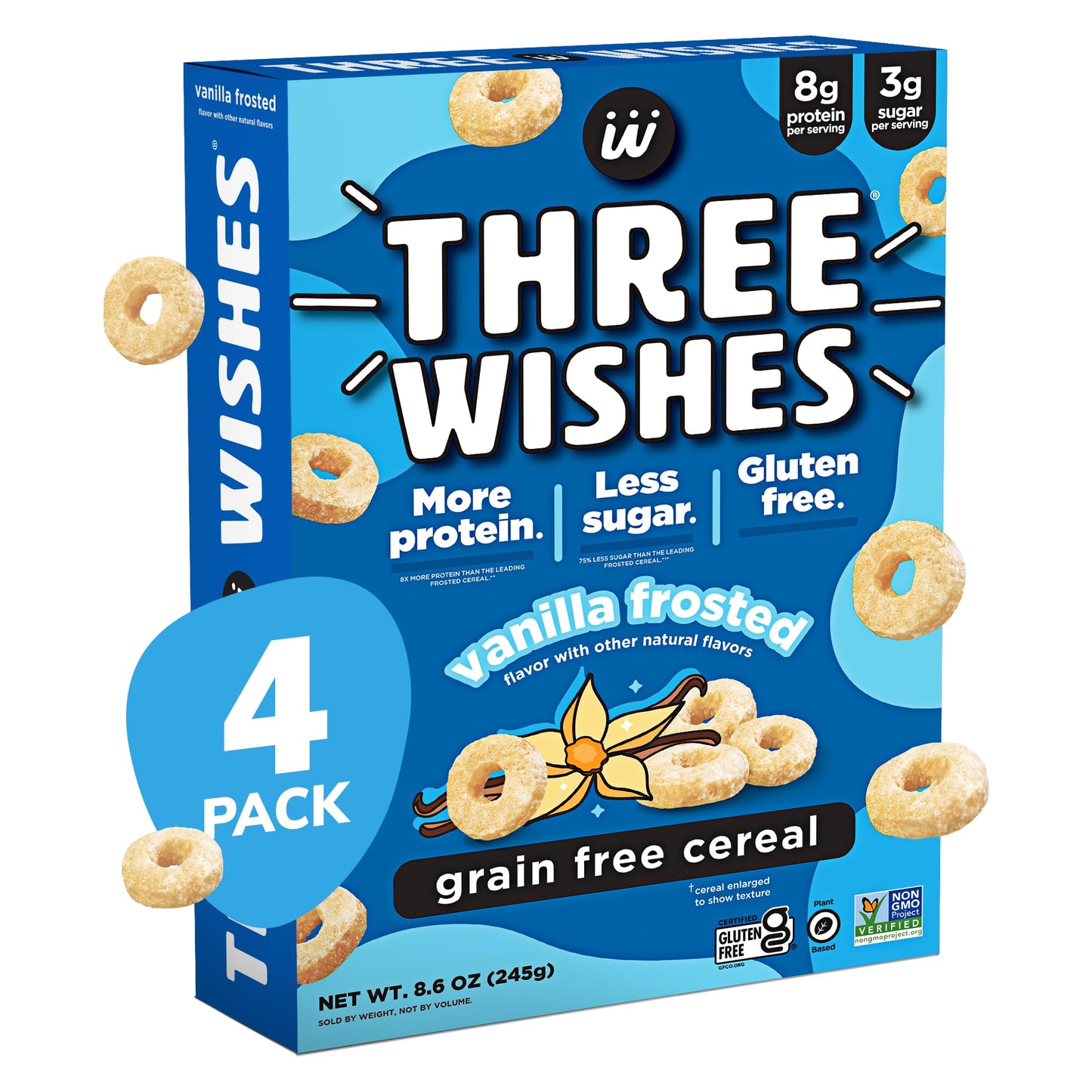 Plant-Based and Vegan Breakfast Cereal by Three Wishes - Frosted, 4 Pack - More Protein and Less Sugar Snack - Gluten-Free, Grai