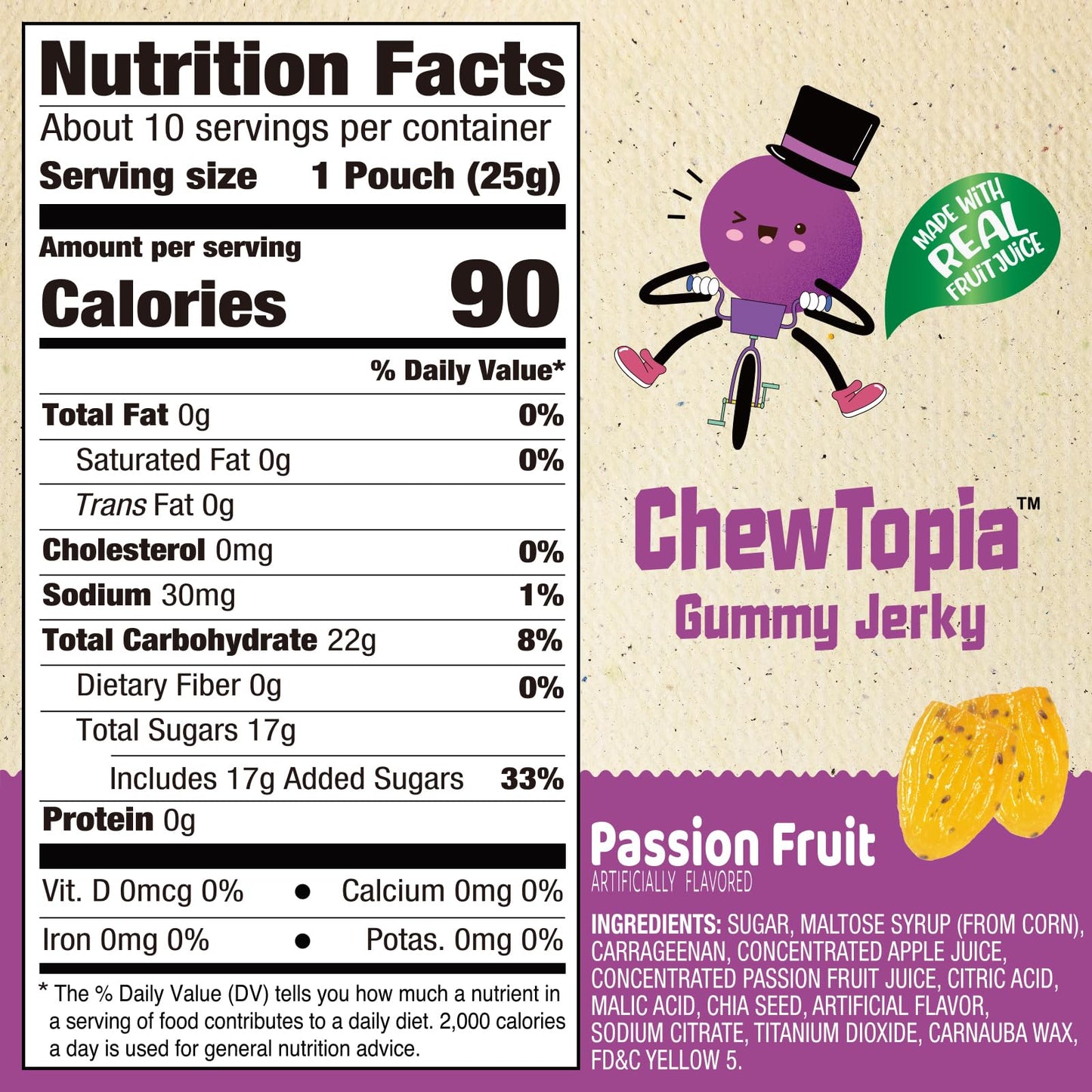Amos Chewtopia Passion Fruit Gummy Jerky - Vegan Chewy Fruit Snack, Tropical Passion Fruit Flavor, Soft & Chewy Candy, 8.47Oz Bo