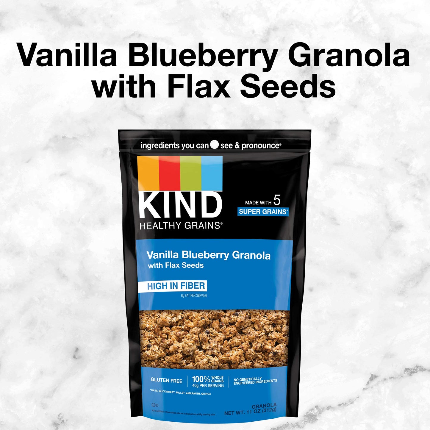Kind Healthy Grains Granola, Healthy Snack, Vanilla Blueberry Granola With Flax Seeds, Snack Mix, 11 Oz (6 Bags)