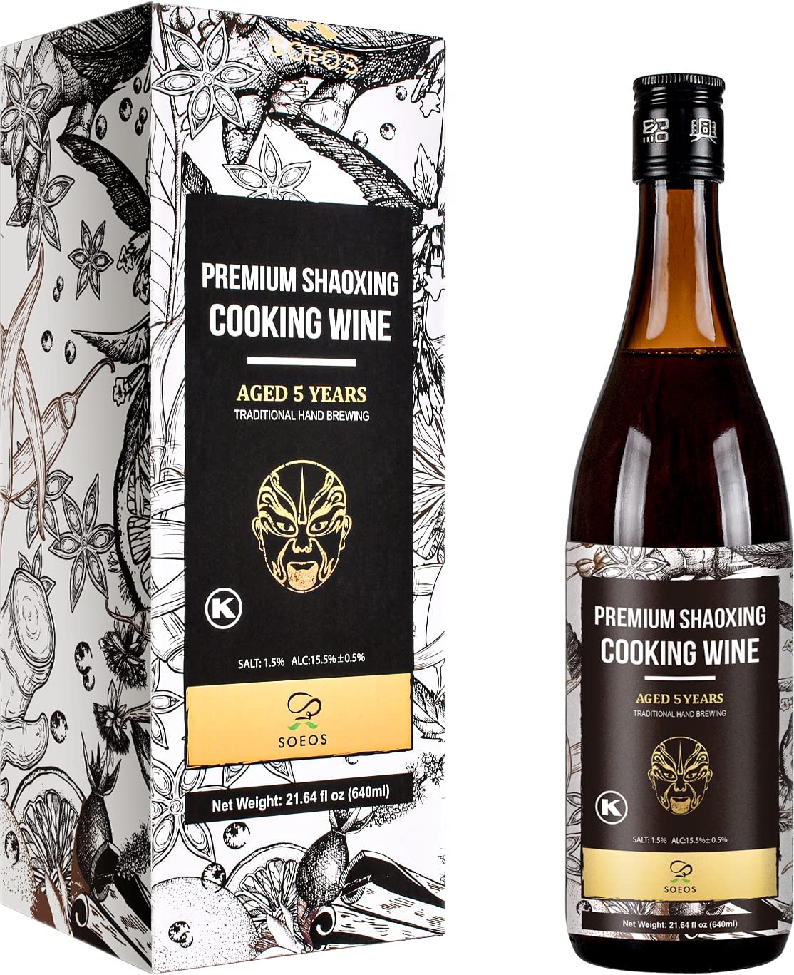 Soeos Shaoxing Rice Wine, 5 Year Aged Cooking Wine, 21.64 fl oz (2 Packs), Brown