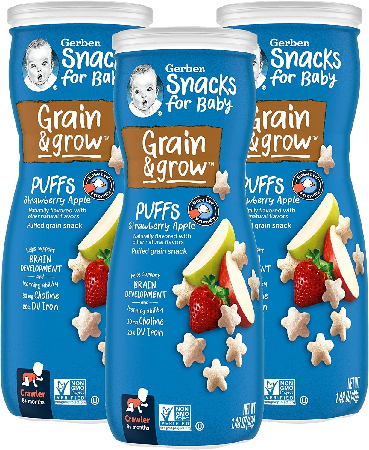 Gerber Snacks For Baby Grain & Grow Puffs, Strawberry Apple, 1.48 Oz (Pack Of 3)