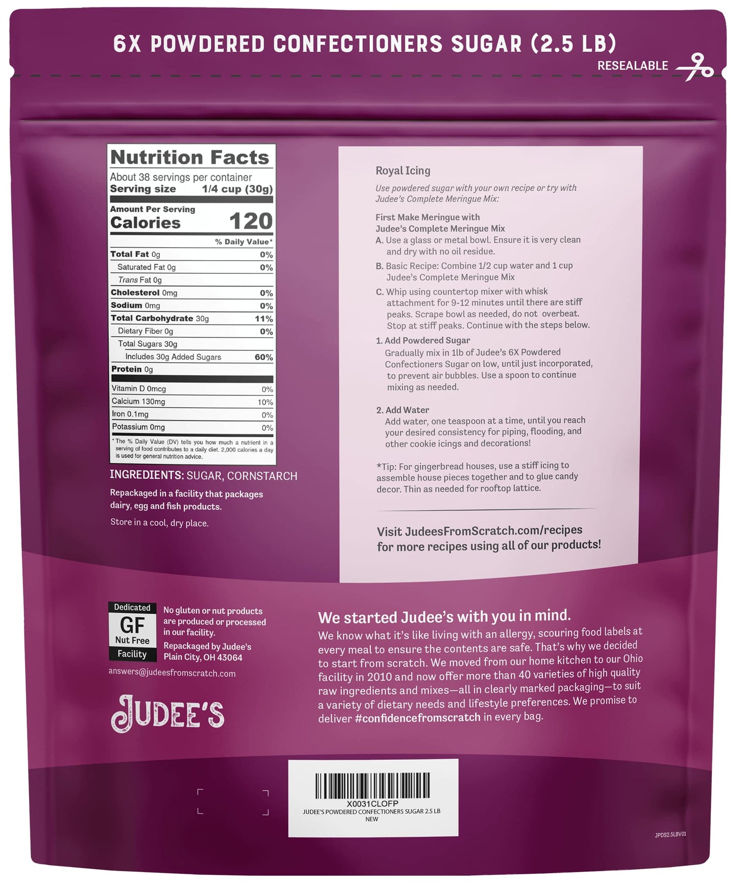 Judees 6X Powdered Confectioners Sugar 2.5 lb - 100% Non-GMO, Gluten-Free, and Nut-Free - 6X Size Perfect for Icings, Frostings,