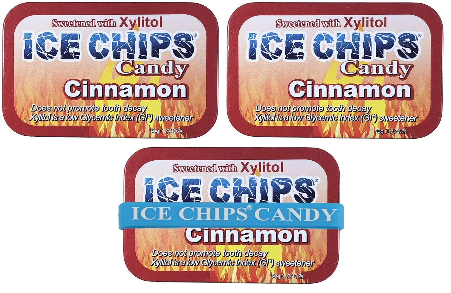Ice Chips Xylitol Candy Tins (Cinnamon, 3 Pack) - Includes Band As Shown