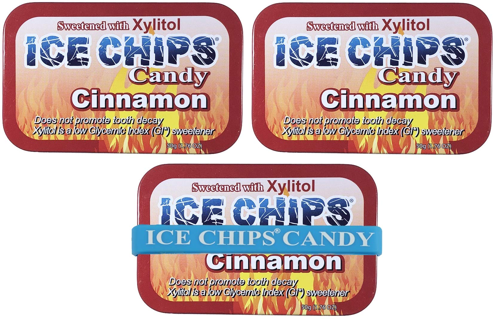 Ice Chips Xylitol Candy Tins (Cinnamon, 3 Pack) - Includes Band As Shown