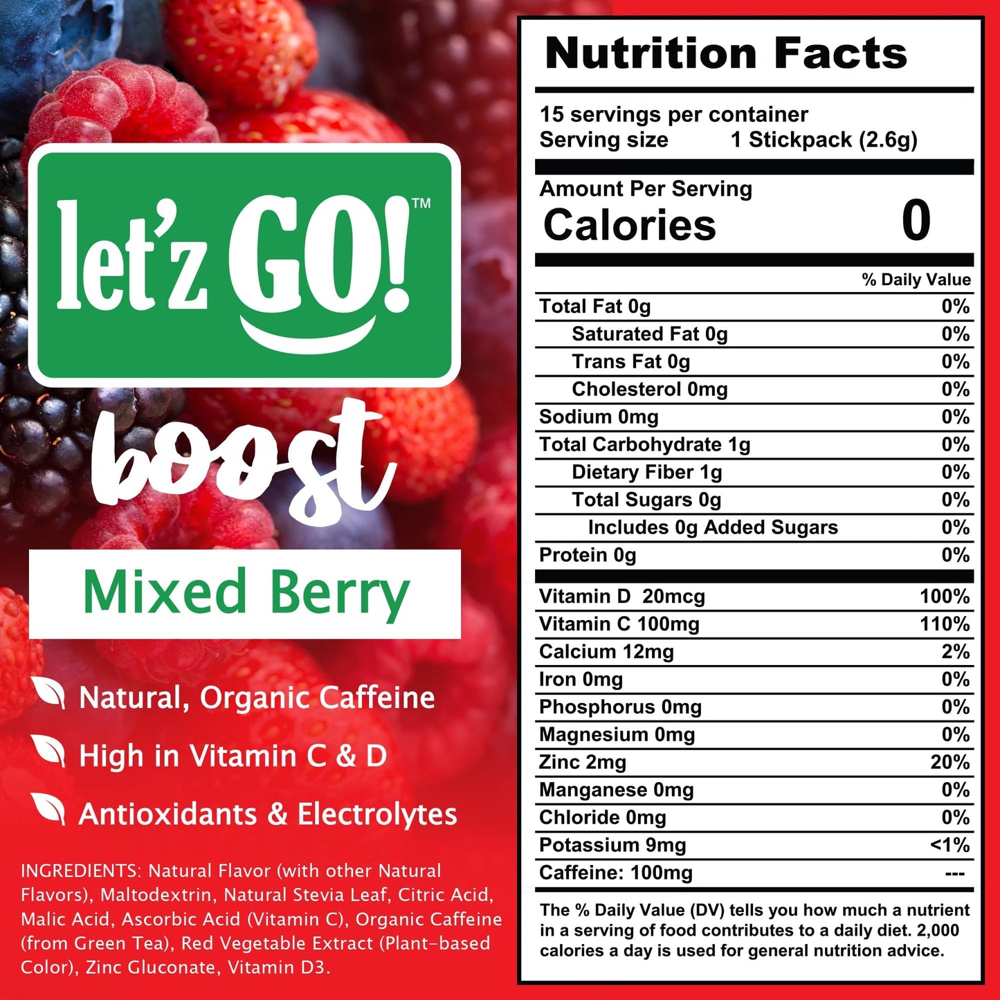 Letz Go! Clean Energy Drink Mix - Sugar Free, Electrolytes, 15 Pack, Mixed Berry, Caffeine Boost, 0.09 Ounce Each