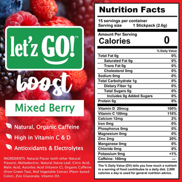 Letz Go! Clean Energy Drink Mix - Sugar Free, Electrolytes, 15 Pack, Mixed Berry, Caffeine Boost, 0.09 Ounce Each