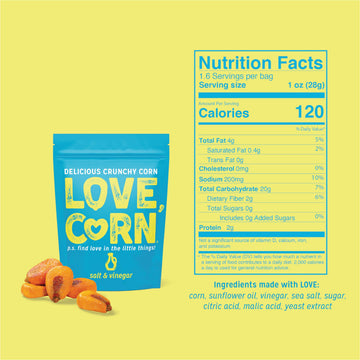 LOVE CORN | Salt & Vinegar Delicious Crunchy Corn | 1.6oz, 10 bags | Low-Sugar, Gluten-Free, Plant Based, Non-GMO