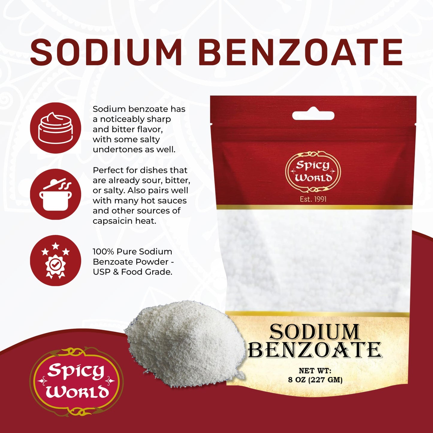 Spicy World Sodium Benzoate 8 Oz - 99% Usp/Fcc Grade, Additive And Preservative