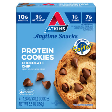 Atkins Chocolate Chip Protein Cookie, Protein Dessert, Rich In Fiber, 3G Net Carb, 1G Sugar, Keto Friendly, 4 Count