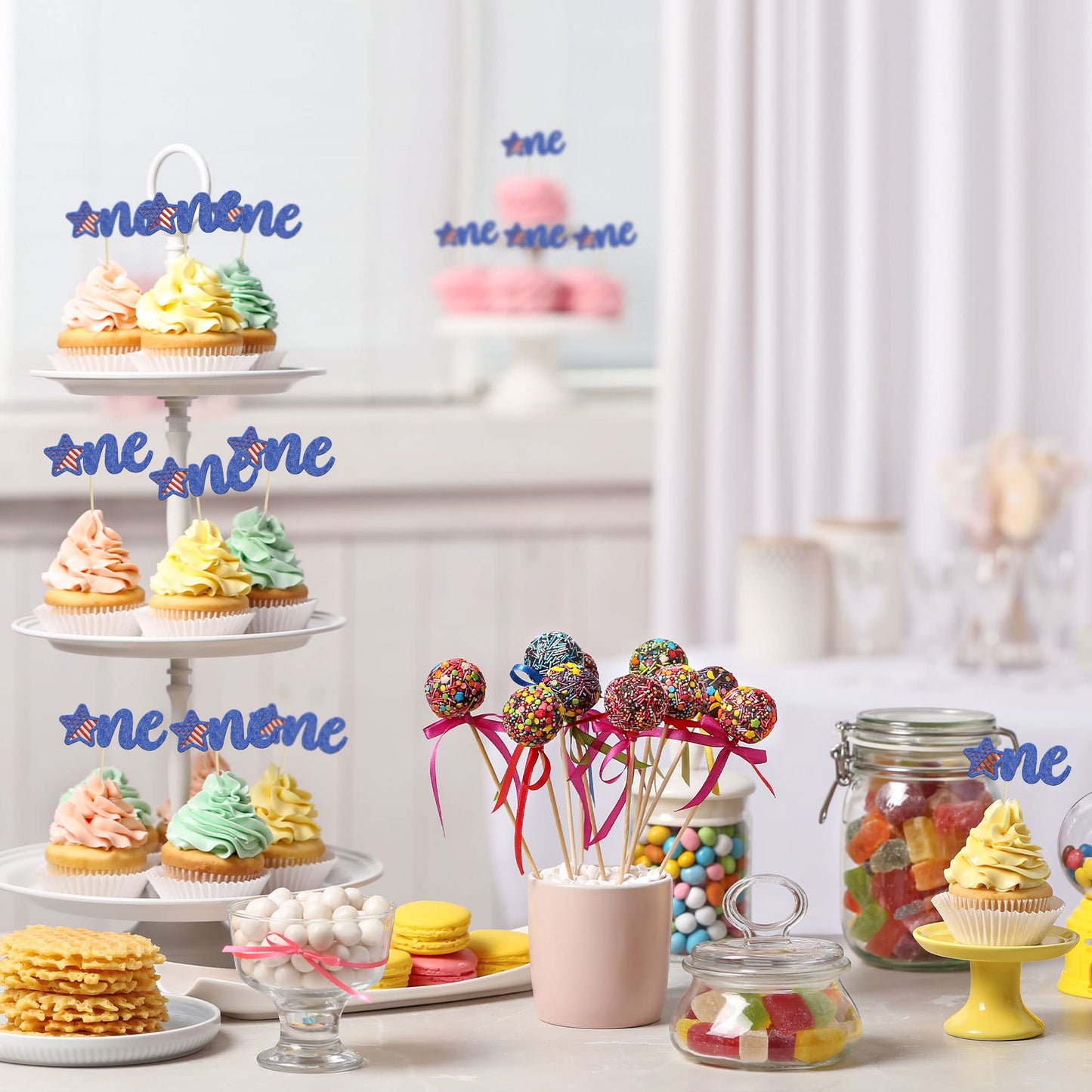 Gyufise 24Pcs Glitter Patriotic One Cupcake Toppers 4Th Of July Patriotic 1St Birthday Cake Decorations For 4Th Of July 1St Birt
