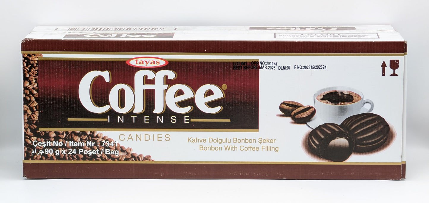 Tayas Coffee Intense Hard Candies With Coffee Filling, 90G Bags (18 Pcs), Box Of 24 Bags
